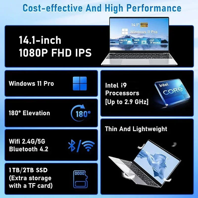 2025 New Laptop Portable Computer Windows 11 Pro Intel Core i9 8950HK Ultra Slim Gaming Laptops Office learn Notebook