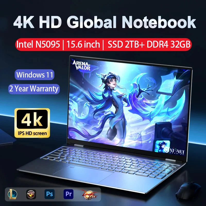 15.6 Inch Laptop 32GB Ram 2TB SSD Windows 11 Notebook Pc Gamer N5095 Office Computer with Backlit Fingerprint Wifi Camera