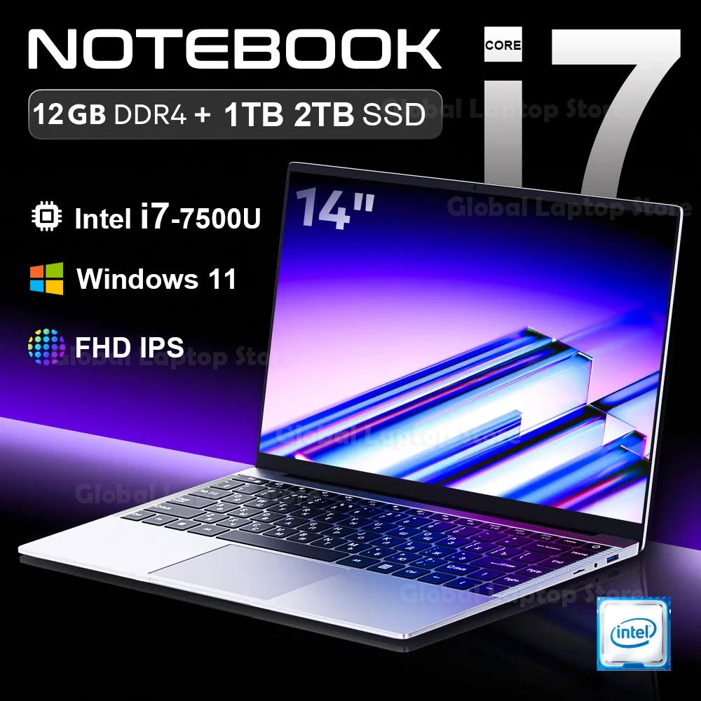 2024 Laptop Computer Windows 11 Notebook 14.1" Intel Core i7 7500U 12GB DDR4 RAM 512GB 1TB SSD 1920*1080P Office Study PC computer