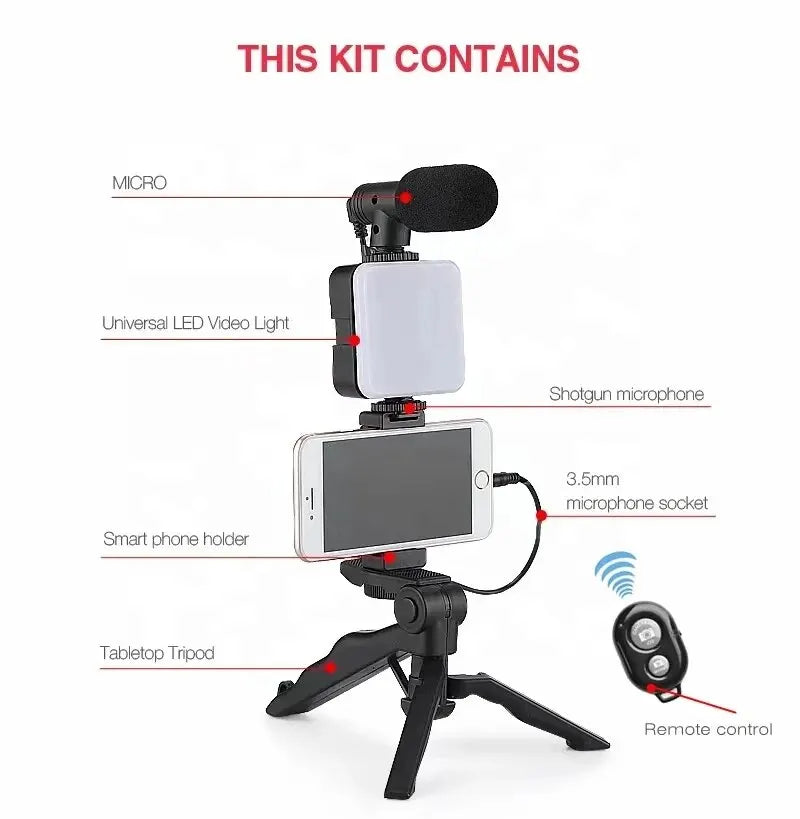 Smartphone Vlogging Kit With Tripod Phone Holder Mini Microphone LED Fill Light Starter For TikTok Live Stream Video YouTube